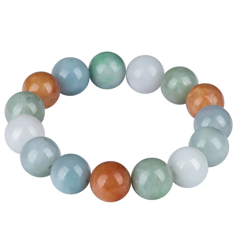 Natural Myanmar jade bracelet with three colours on 13mm round beads showing traditional craftsmanship