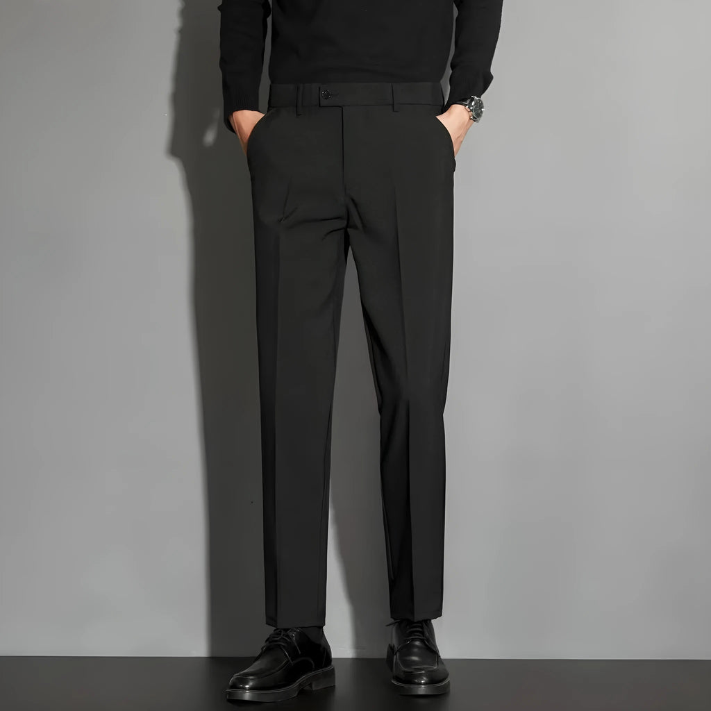 Men's straight leg suit trousers in polyester blend fabric with ankle-length cut