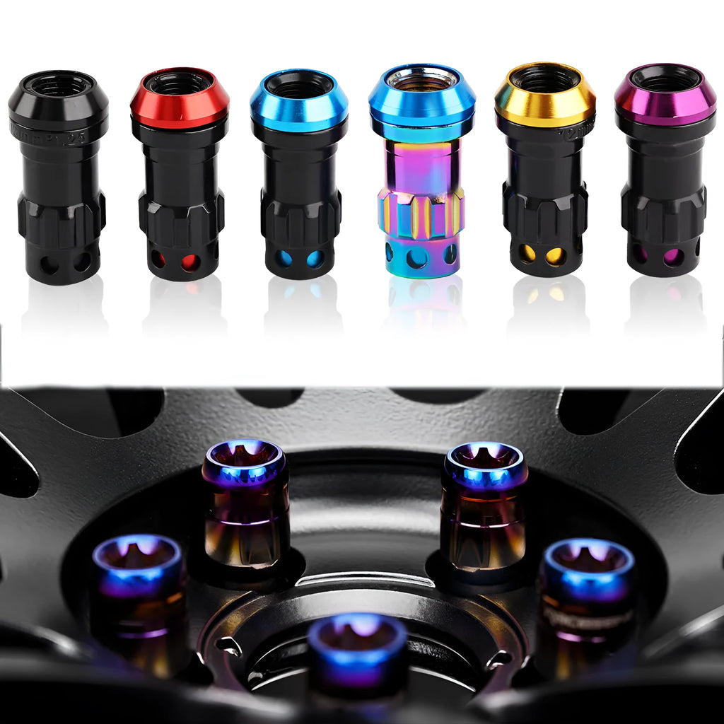 Aluminium alloy automobile wheel hub nut in assorted colours including red, gold, blue, purple, and black combinations.