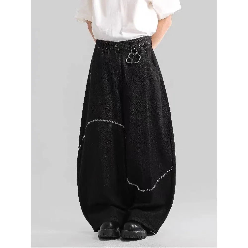 Black straight-leg trousers with mid waist and zip placket closure in polyester denim fabric