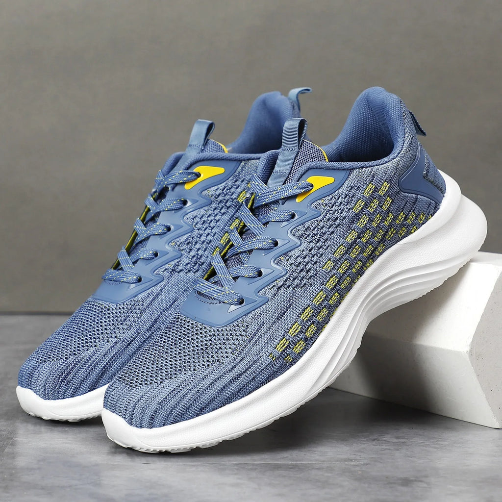 Women's lavender purple and royal blue flyknit running shoes with striped pattern and mesh lining in plus sizes