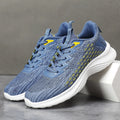 Women's lavender purple and royal blue flyknit running shoes with striped pattern and mesh lining in plus sizes