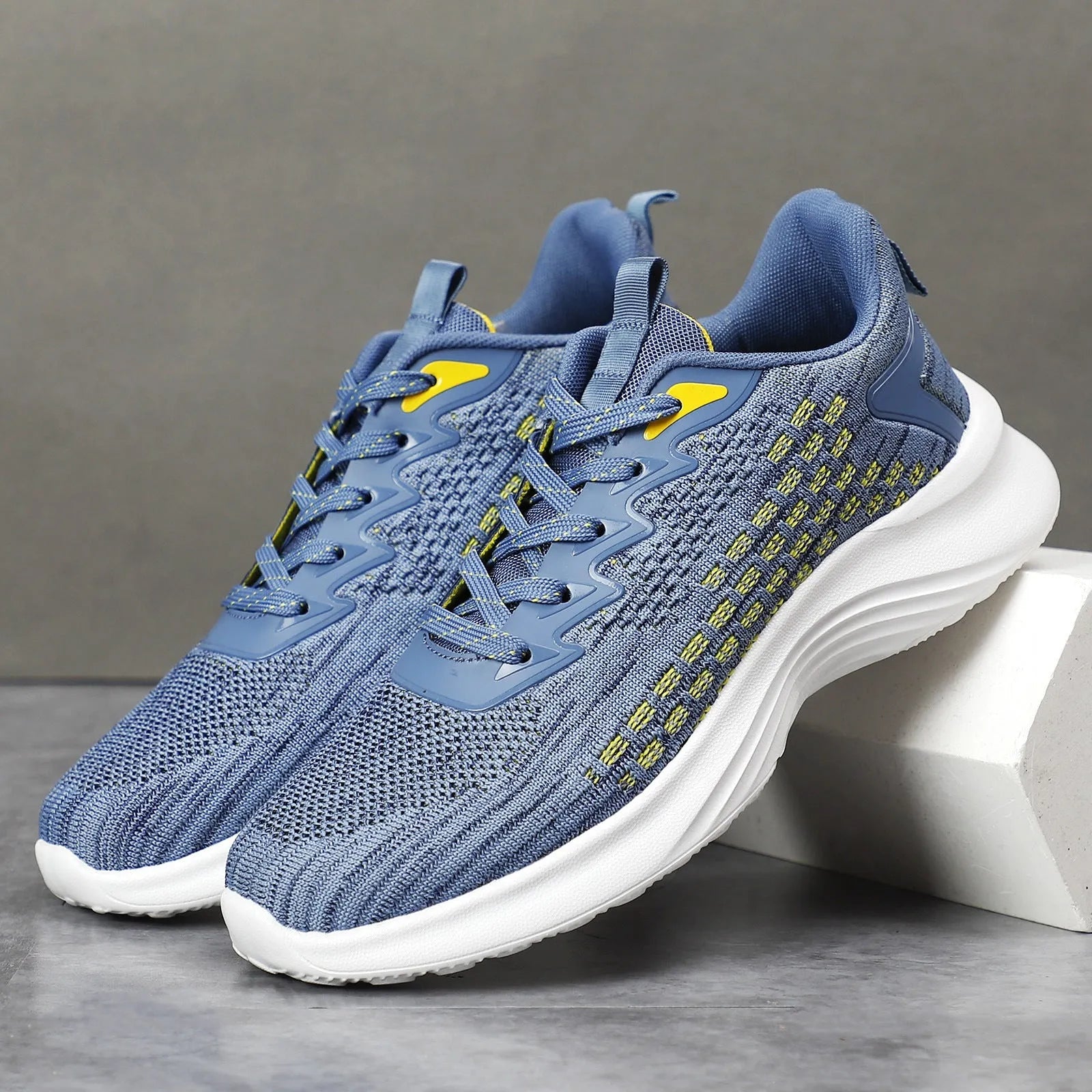 Women's lavender purple and royal blue flyknit running shoes with striped pattern and mesh lining in plus sizes