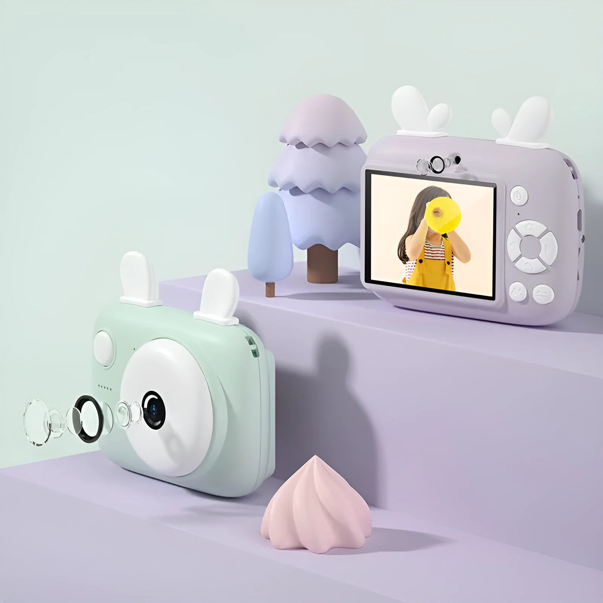 Colourful kids digital camera with 2.4 inch screen and dual lenses in macaron design