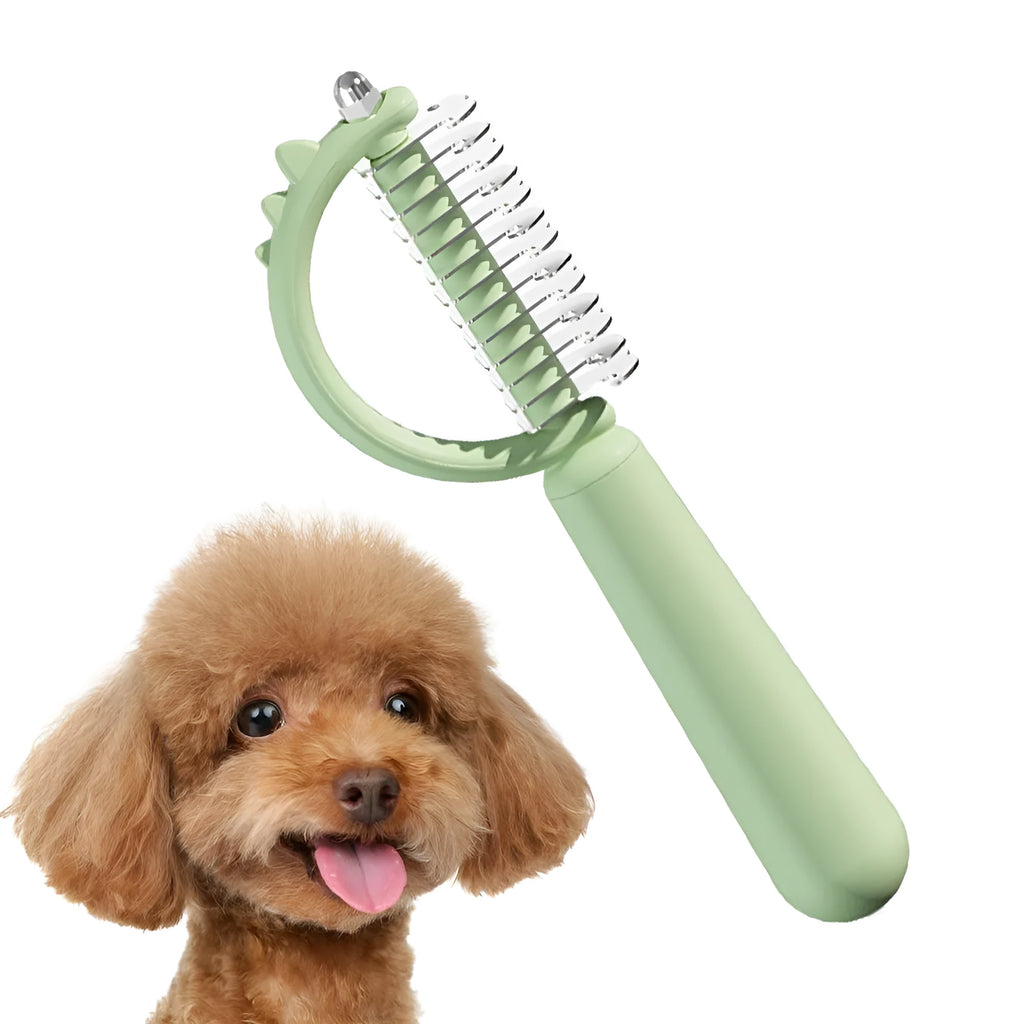 Blue dinosaur-shaped self-cleaning cat brush with stainless steel pins on a white background.