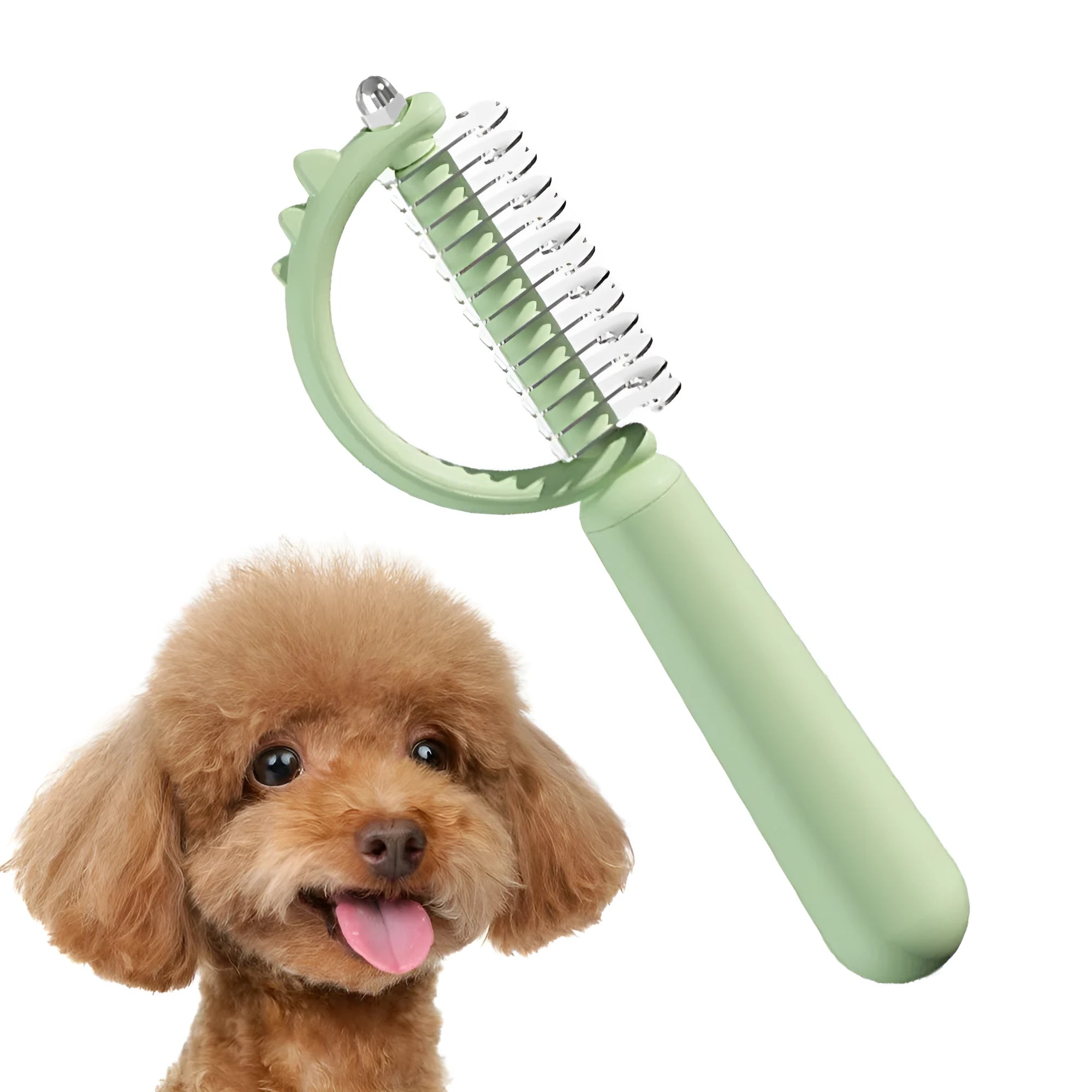 Blue dinosaur-shaped self-cleaning cat brush with stainless steel pins on a white background.