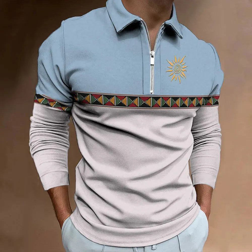 Men's retro printed long sleeve golf top with striped pattern and zipper decoration in loose fit