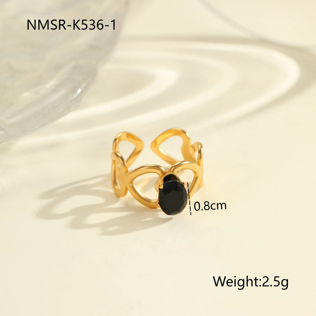 Adjustable open mouth titanium steel ring with inlaid zircon in geometry design for women