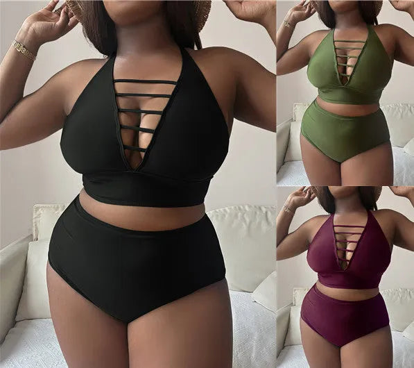 Plus size black halter bikini set with adjustable straps and high-waisted briefs on a mannequin