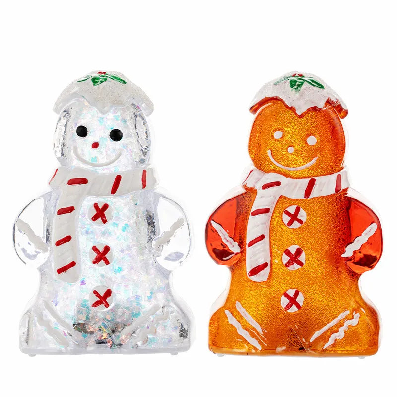 Glowing gingerbread man snowman Christmas ornament with LED lights in plastic construction