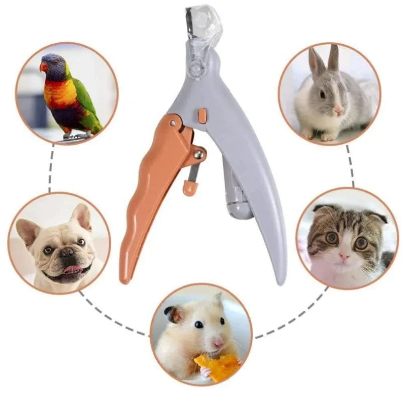 Yellow pet nail clipper with LED light and magnifying lens for trimming dog and cat nails