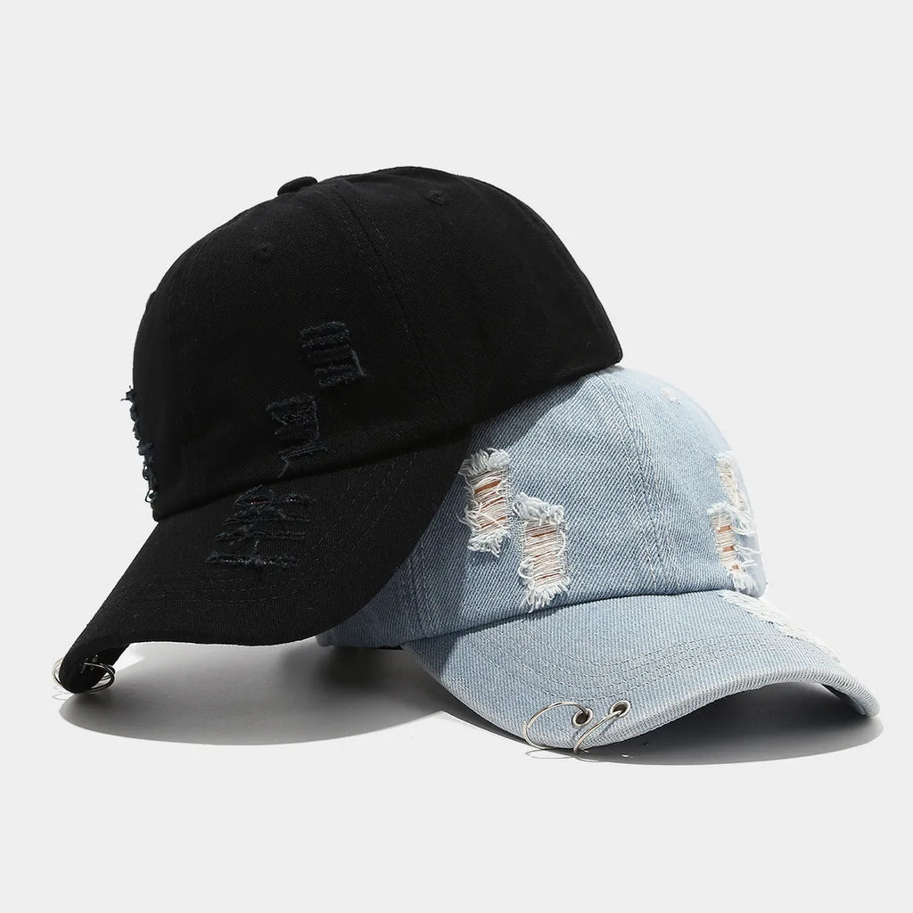 Men's adjustable denim peaked cap with dome crown in light blue jeans colour