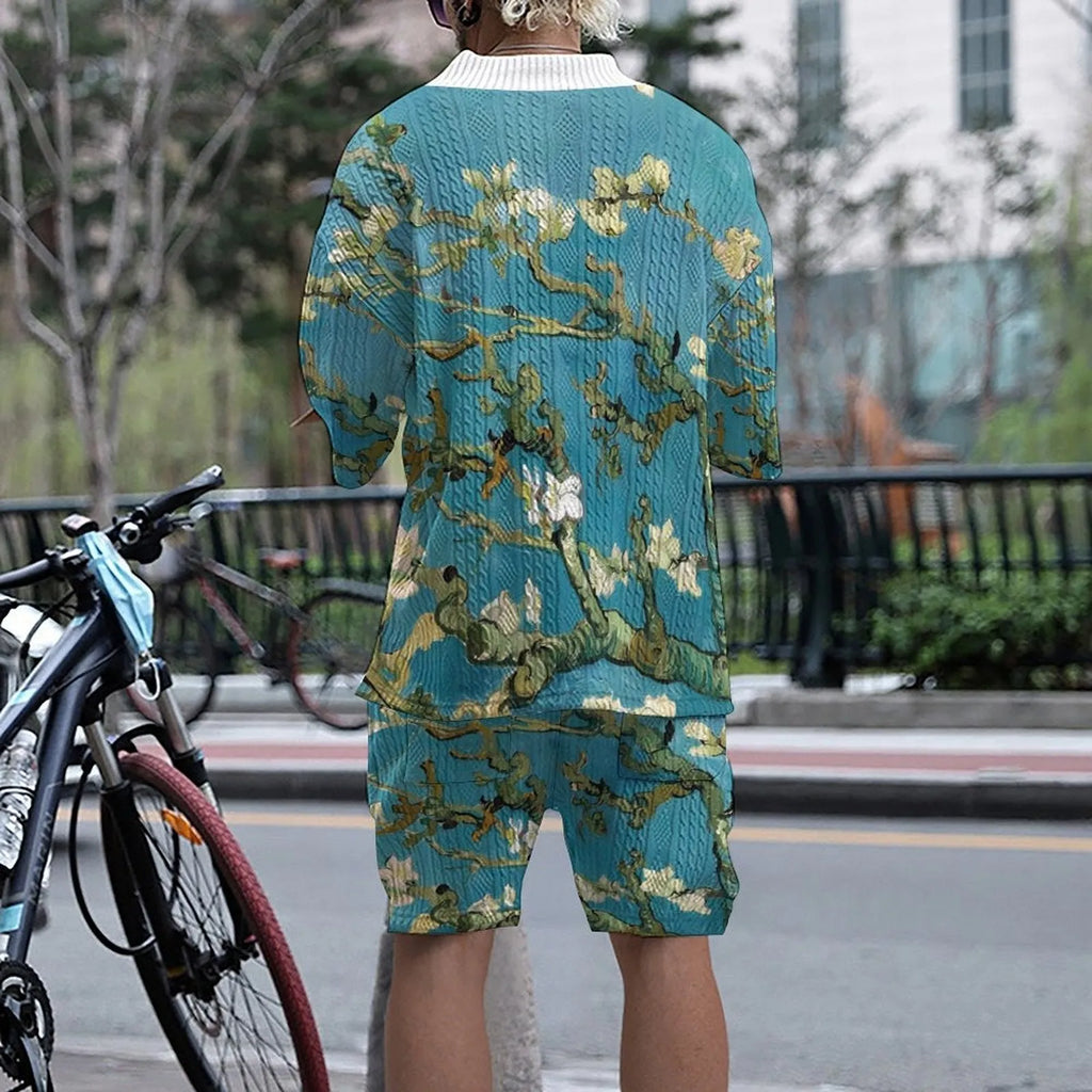 Peacock blue men's 3D printed knitted shorts and T-shirt casual suit set