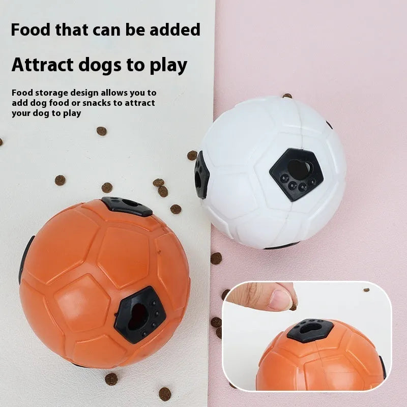 Orange and white TPR dog toy balls for chewing, one hollow and one with a teeth cleaning stick.