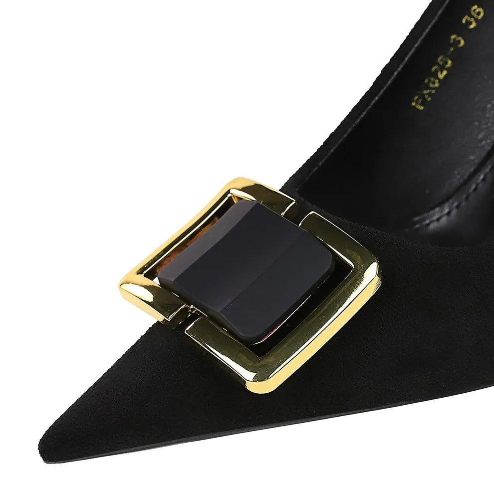 Black suede women's stiletto pump shoes with a 9CM high heel and pointed toe.