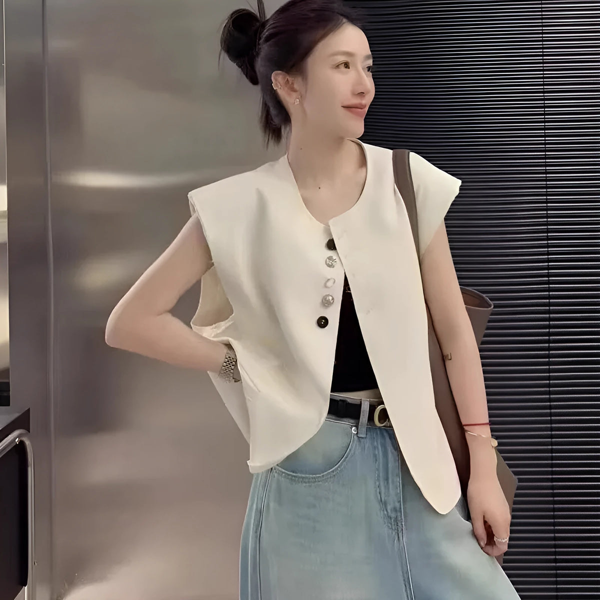 Women's short-length polyester vest in milky white, showing loose fit and front pockets