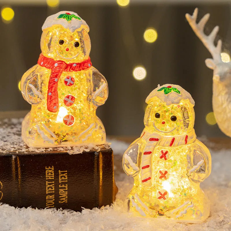 Glowing gingerbread man snowman Christmas ornament with LED lights in plastic construction