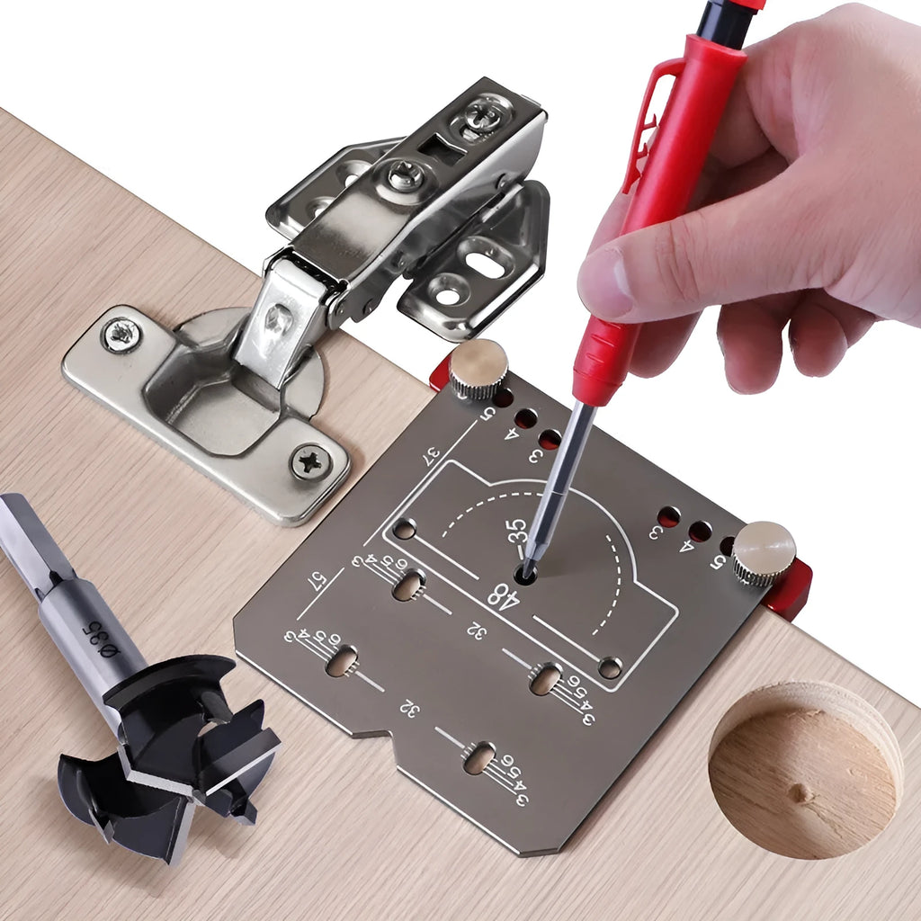 Aluminium alloy hinge locating rule with adjustable margin settings for 35mm cabinet hinges