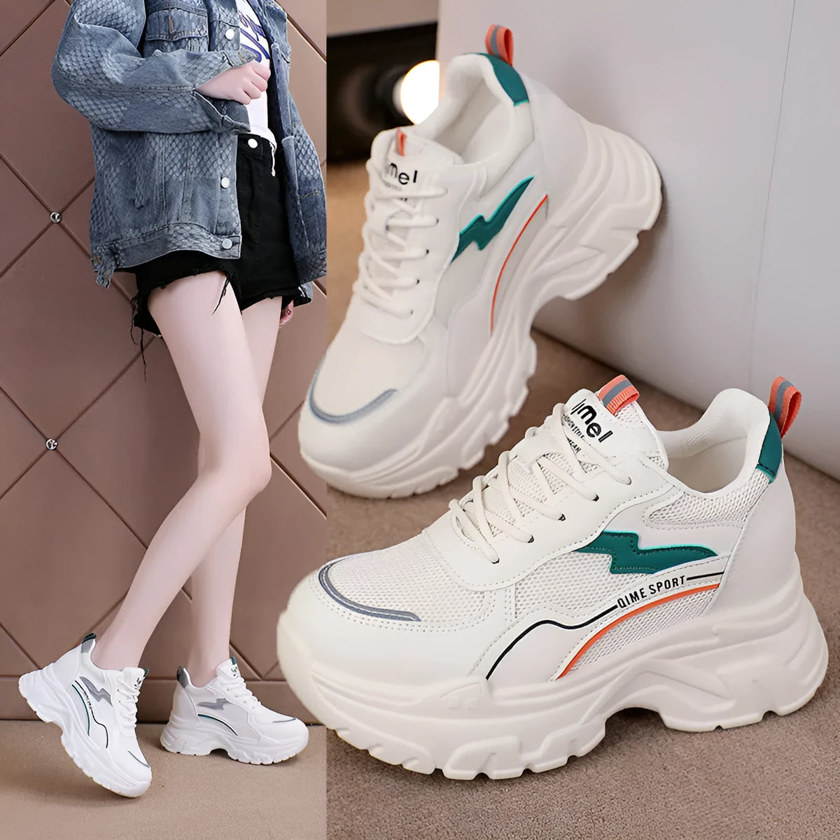 White women's dad shoes with cross shoulder straps and a round toe, shown on a foot.