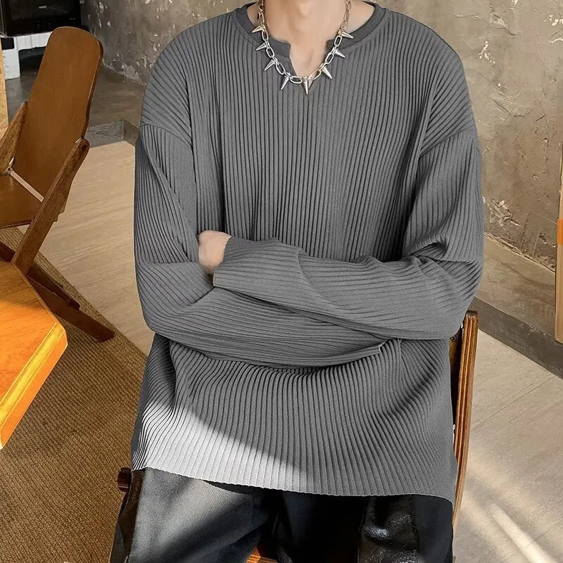 Plus size women's striped texture pullover top with long sleeves in loose fit