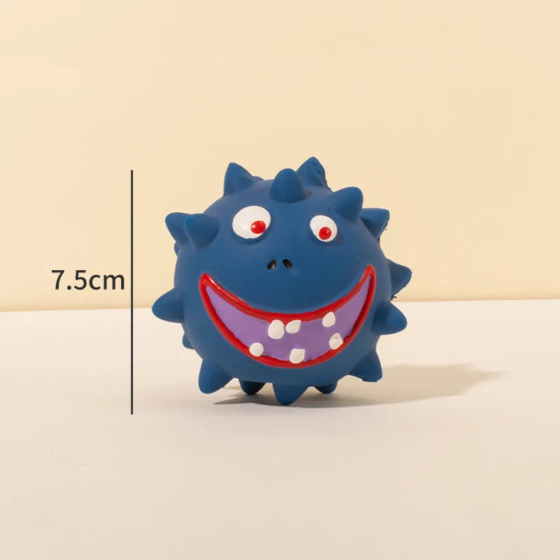 Four colourful natural latex rubber squeaky dog balls with cute faces measuring 7.5 cm