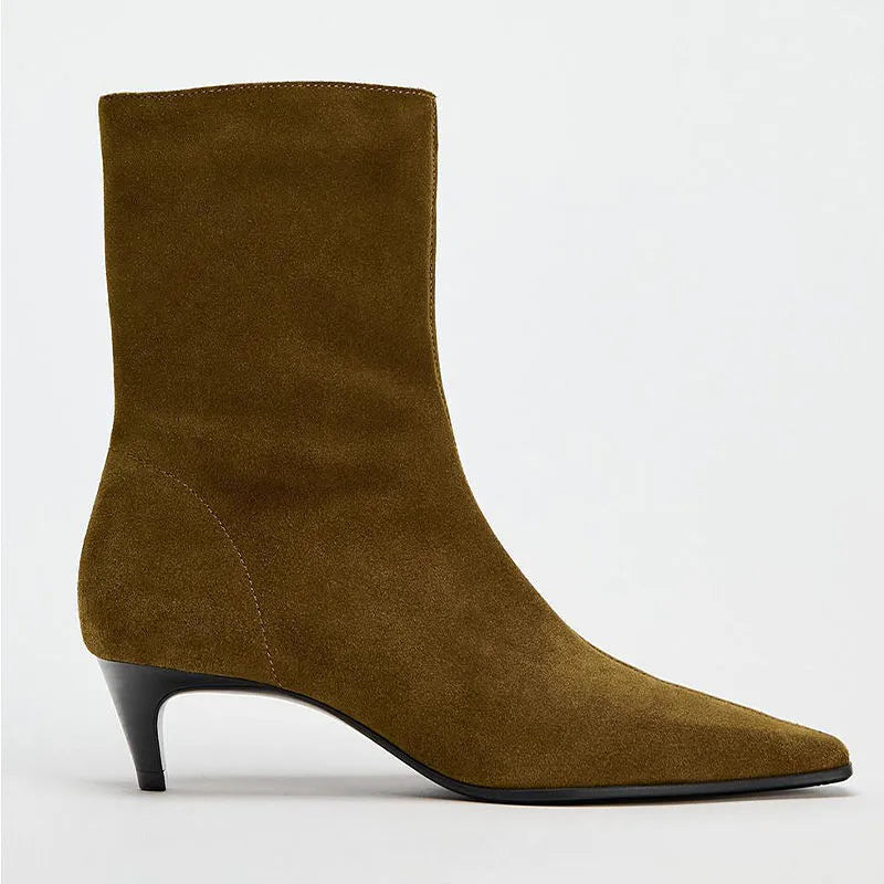 Women's black square toe ankle boots with side zipper and a mid kitten heel.