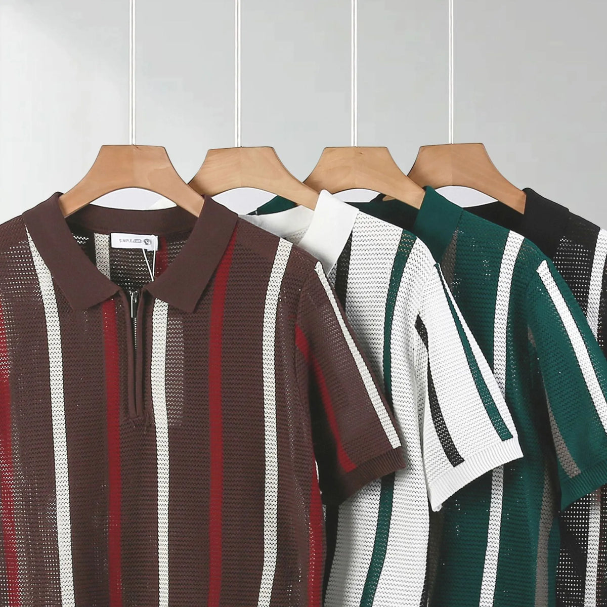 Men's black hollow mesh short-sleeved polo shirt with full-length front zipper decoration
