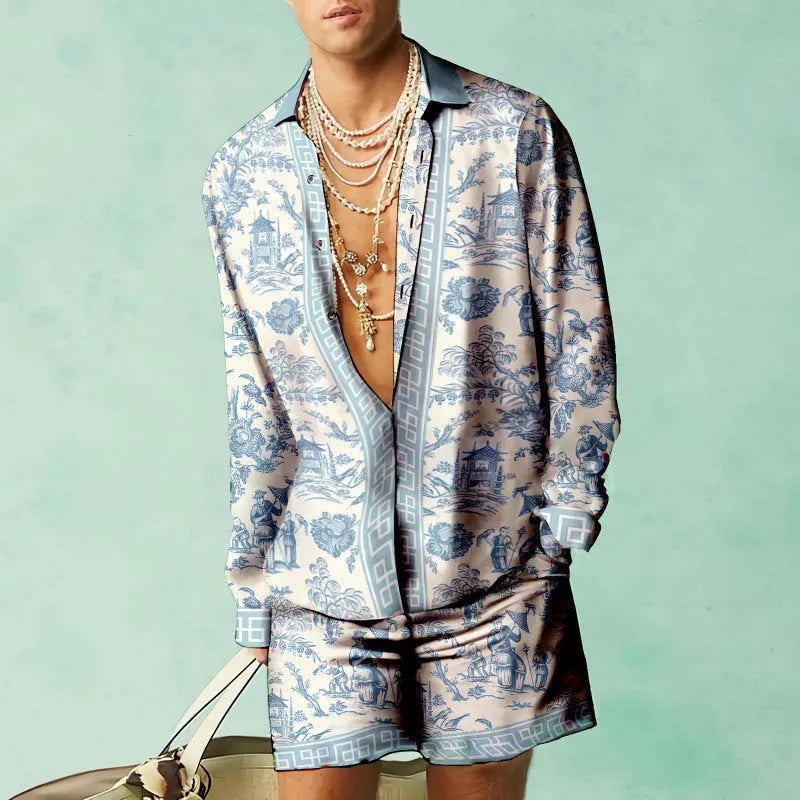 Men's casual summer loose shirt shorts set in slim fit with long sleeves on hanger