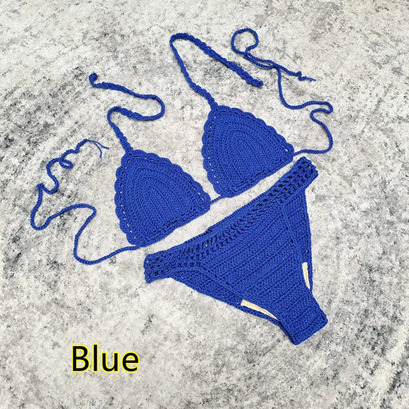 Women's 3-piece handmade crochet bikini set with skirt cover-up in solid colour acrylic fibre