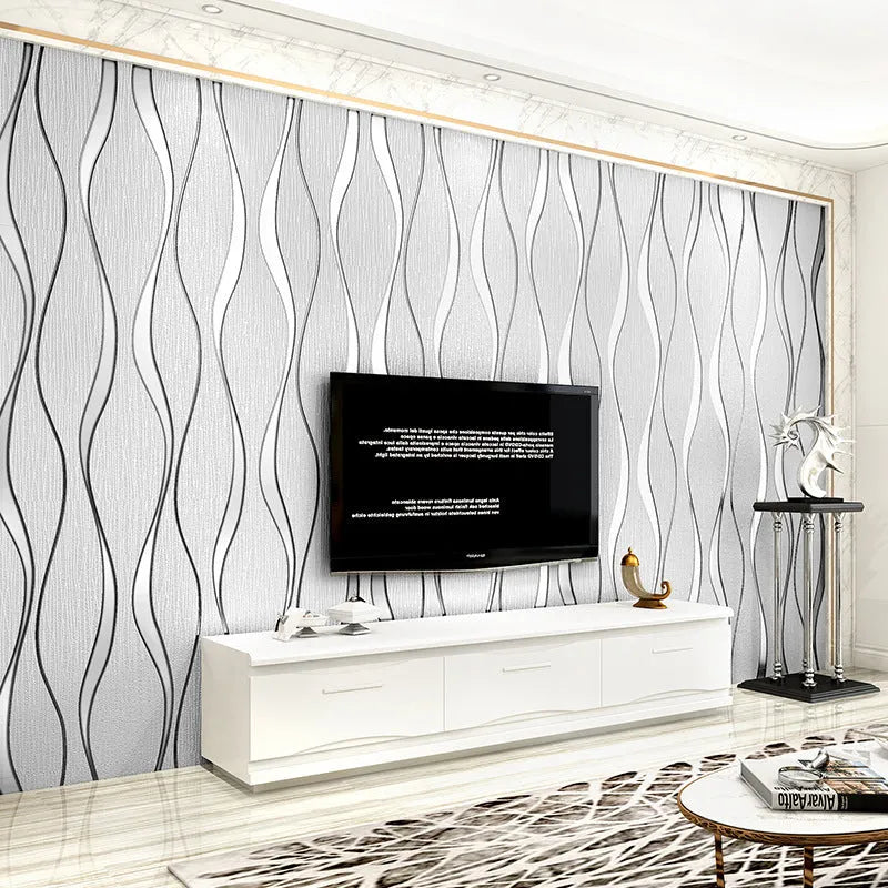 Curve stripe pattern 3D wallpaper roll in light grey and dark brown deerskin velvet colours