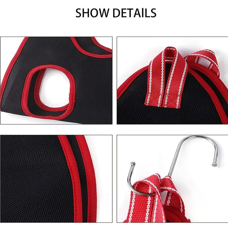 Pet grooming hammock restraint bag in use for dog nail trimming procedure