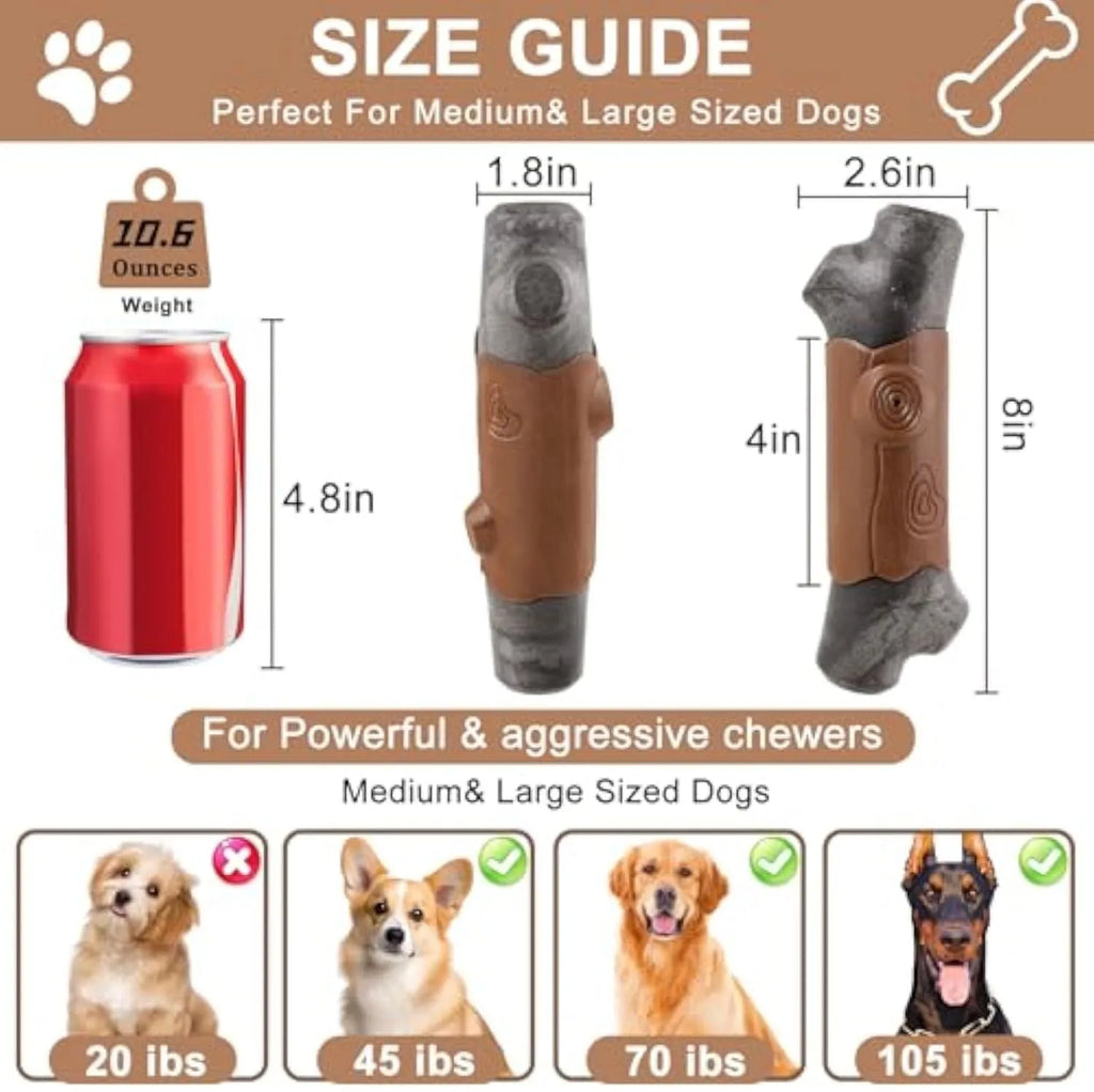 Large brown branch-shaped dog chew toy with a bacon flavour and squeaker for aggressive chewers.