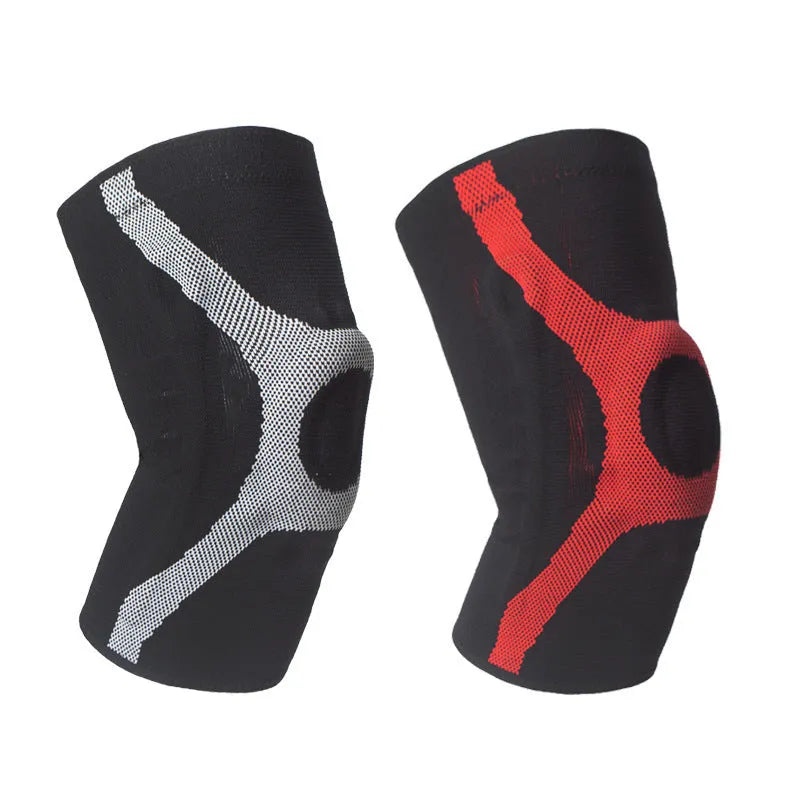 Red and grey sports knee pads with silicone kneecap inserts, shown in S, M, L, XL sizes.