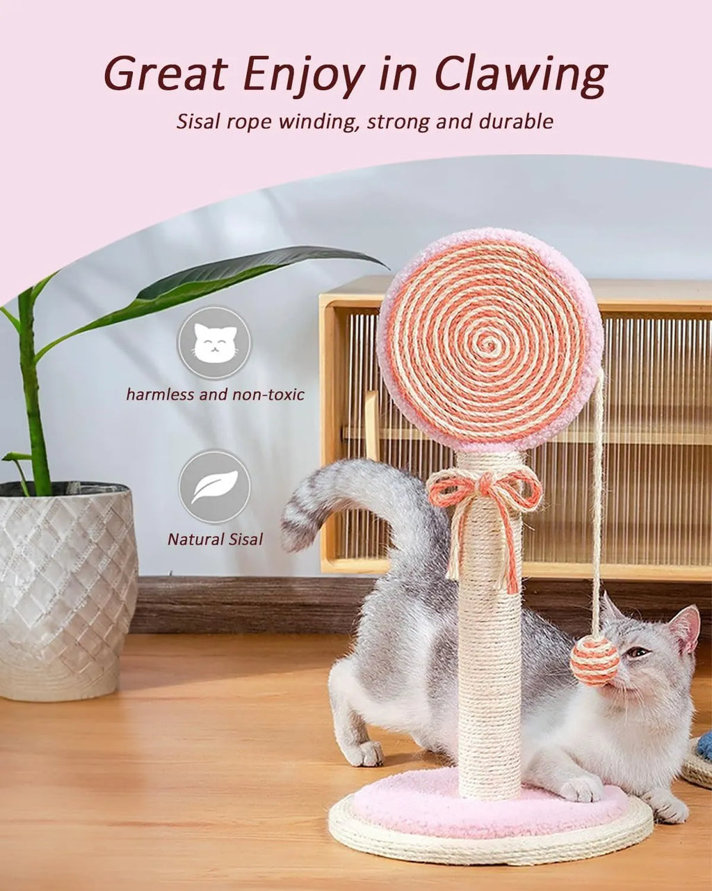 Blue cat scratching post with sisal rope, hanging ball toy, and a sturdy wooden base