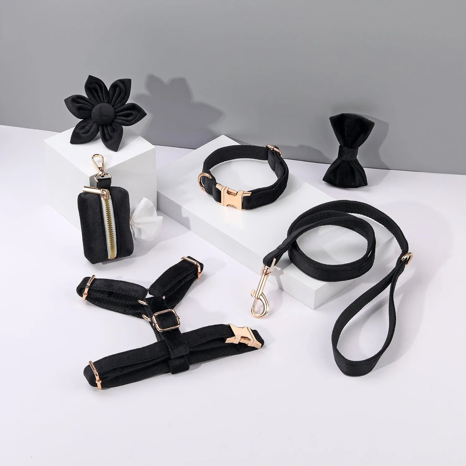 Classic soft velvet dog collar and matching traction rope set with chest strap, bow tie, and accessories in multiple colour options