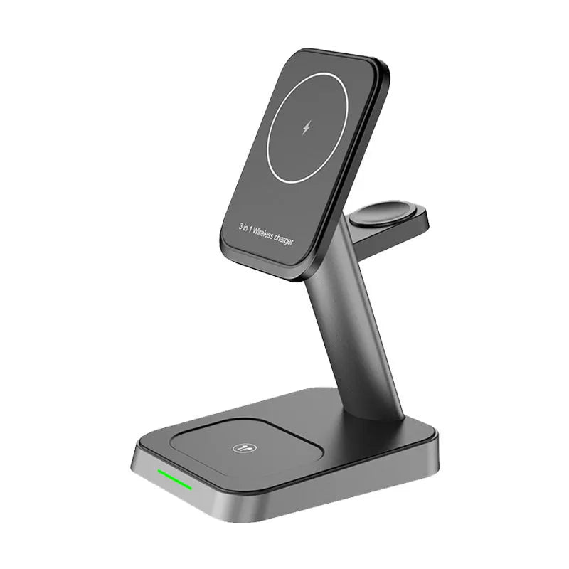 Black vertical wireless charging station with phone and watch charging areas and 10000mAh battery