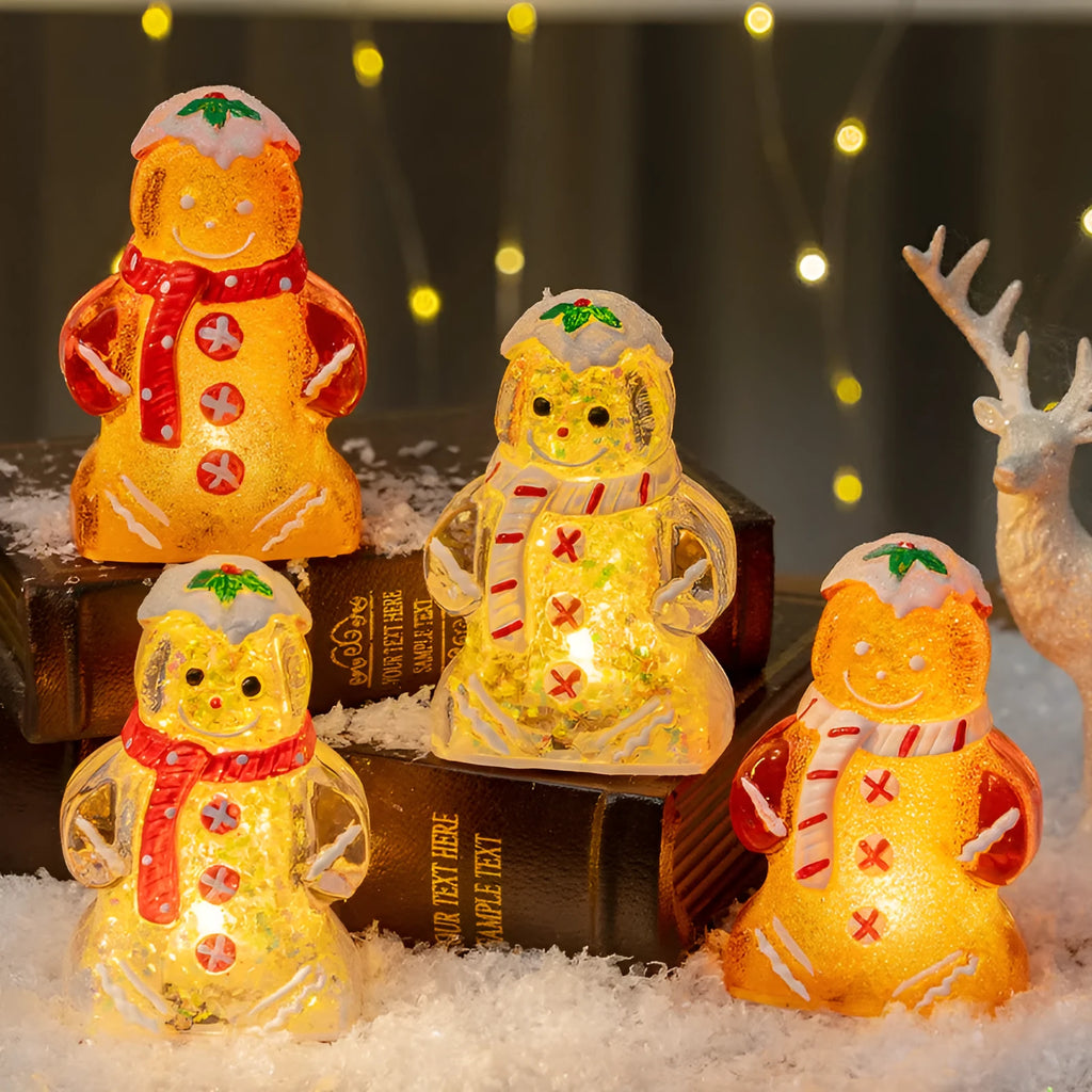 Glowing gingerbread man snowman Christmas ornament with LED lights in plastic construction