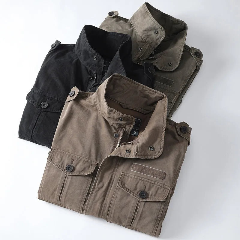 Men's loose cotton zip jacket in light brown, light army green, or black colour