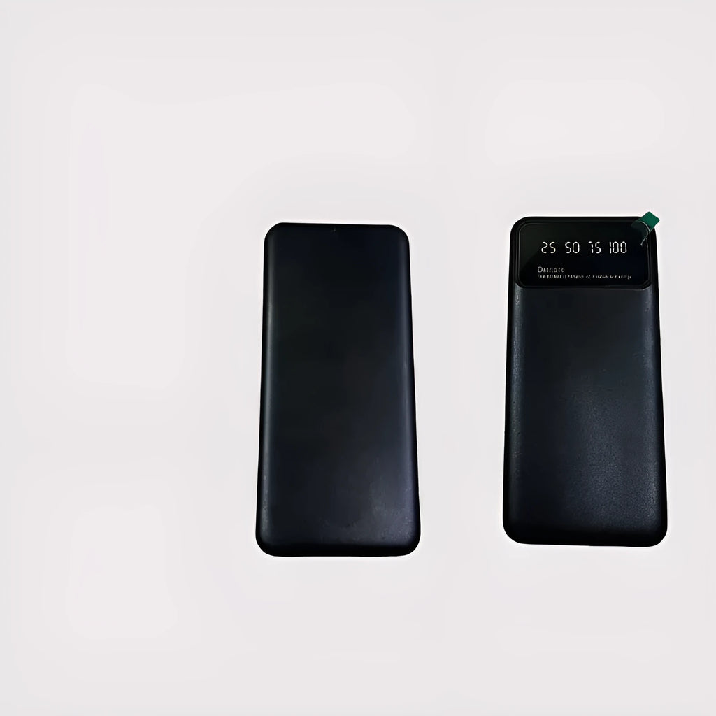 Black ultra-thin portable power bank with 10000mAh capacity, showing compact size.
