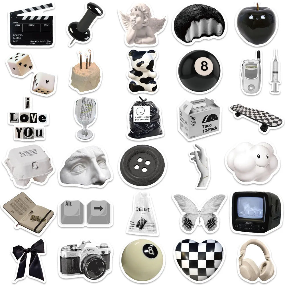 61-piece pack of black and white PVC waterproof decorative stickers for laptops and bottles.