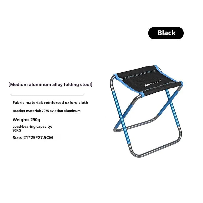 Black aluminium alloy folding stool shown in folded and unfolded positions for camping and outdoor use.