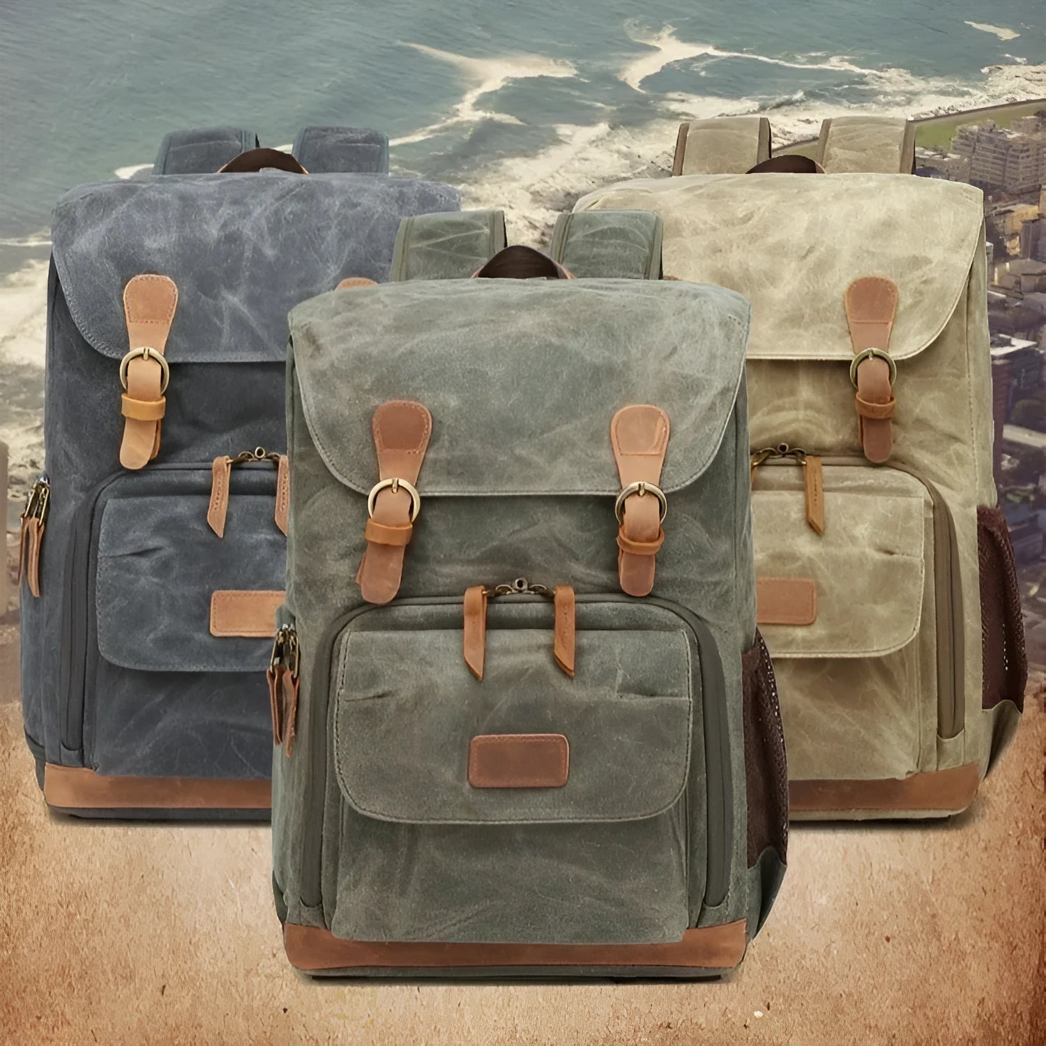 Canvas DSLR camera backpack in khaki colour with backpack straps and main compartment.