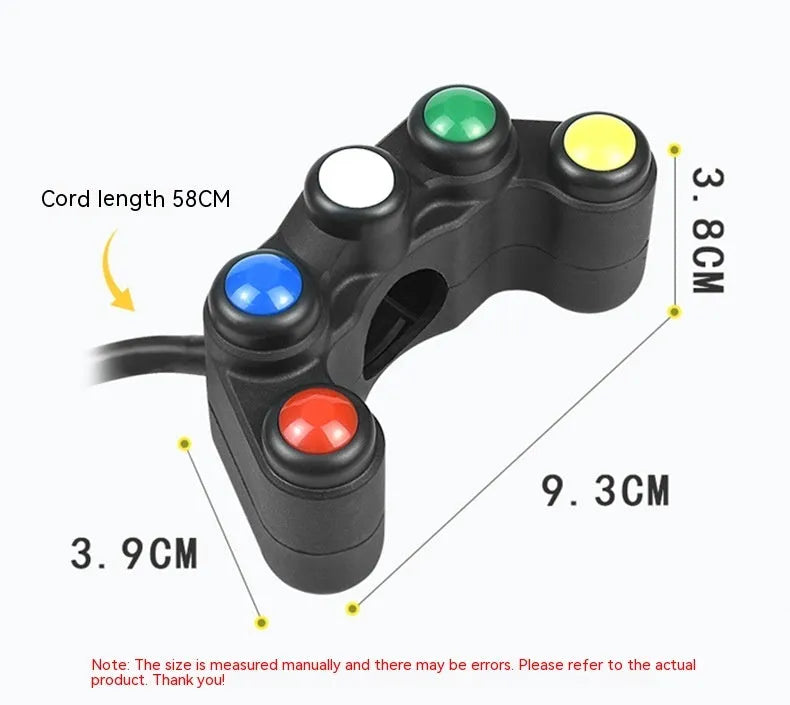 Plastic five-position vehicle switch with red, yellow, blue, green, and white buttons, showing 52cm cable and 2.2cm mount.