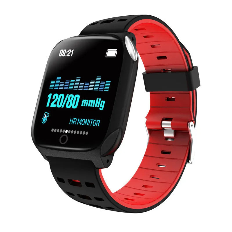 F16 smart watch with ECG monitor showing blood pressure and heart rate display on black silicone wristband