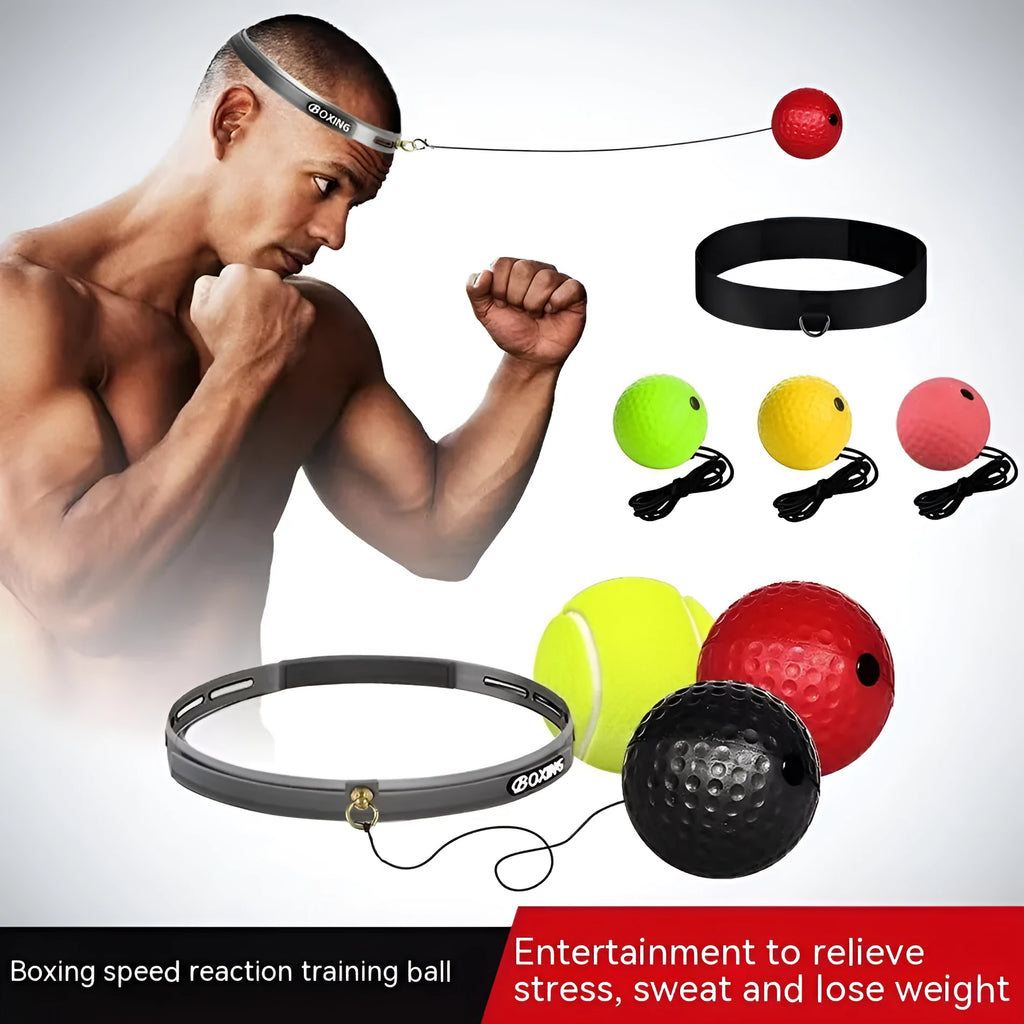 Head-mounted boxing reaction training ball set with adjustable headbands and multiple coloured balls