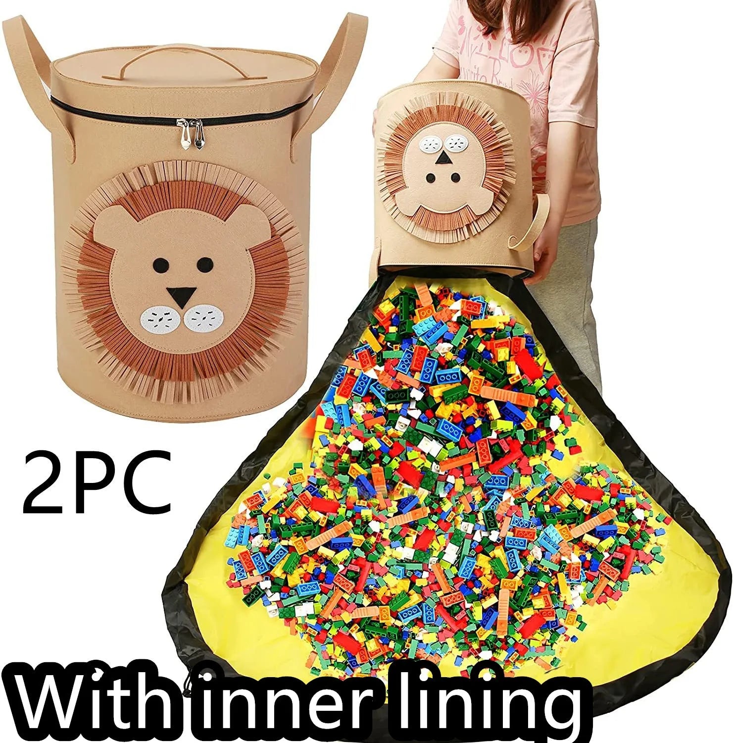 Green felt cube storage bag with pull rope that converts into a flat play mat for toys.