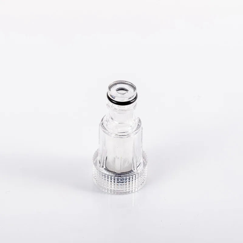 Transparent plastic water inlet joint for Karcher pressure washers, showing 3cm diameter.