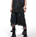 Blue hooded denim vest coat and matching trousers two-piece set Korean style