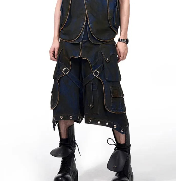 Blue hooded denim vest coat and matching trousers two-piece set Korean style