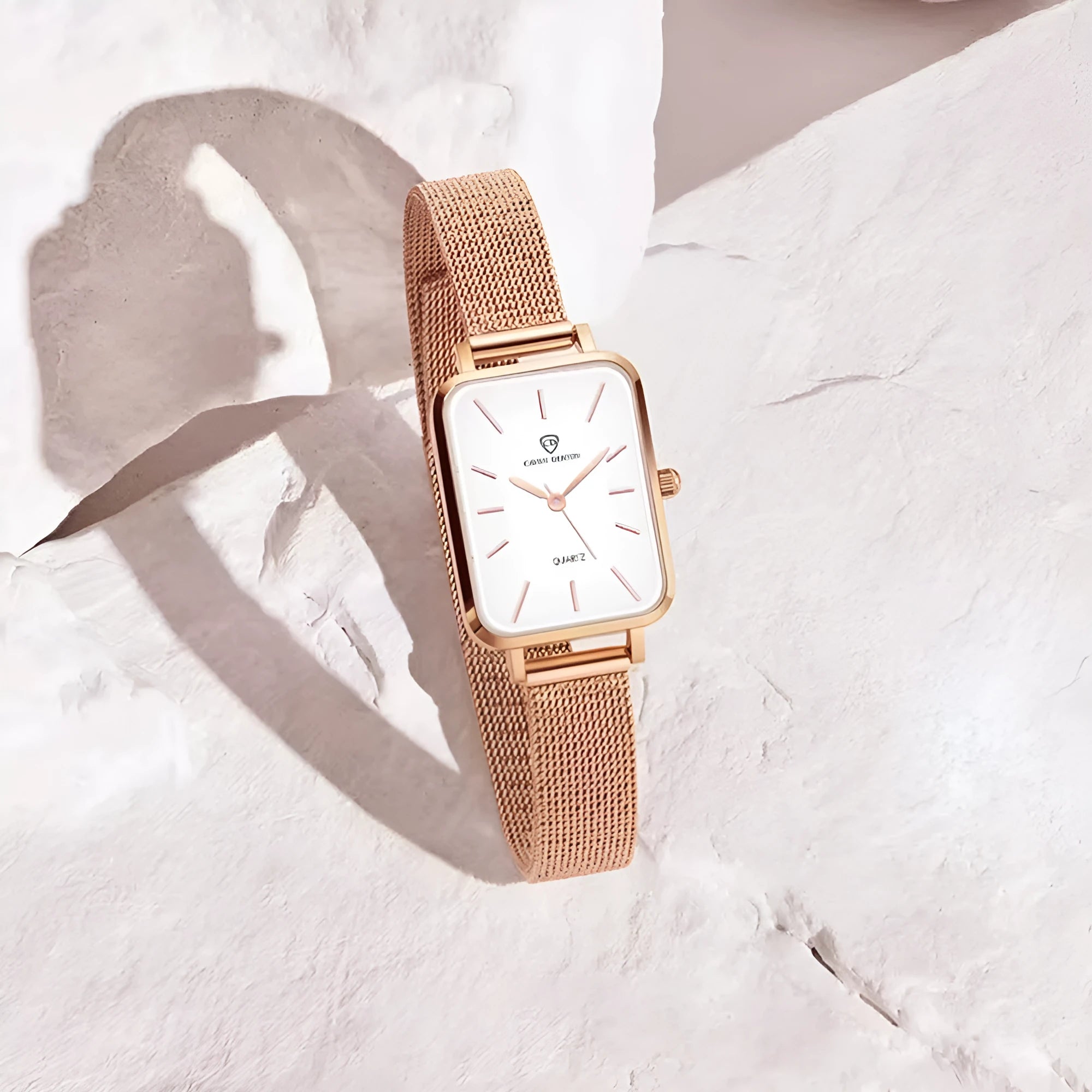 Women's rose gold and silver quartz watch with woven steel belt and 34mm alloy case